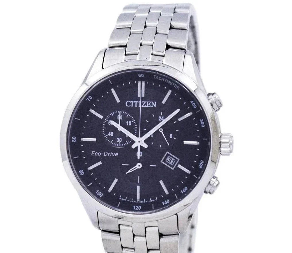  Shop Authentic Citizen Eco Drive Chronograph Black Dial Silver Steel Strap Watch For Men - AT2140-55E - Luxxuri