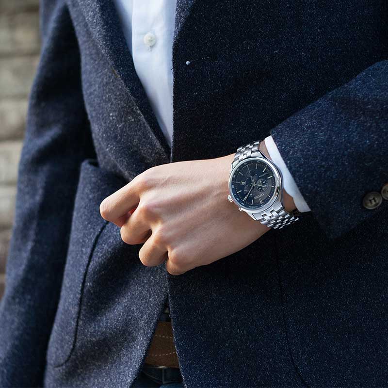  Shop Authentic Citizen Eco Drive Chronograph Blue Dial Silver Steel Strap Watch For Men - AT2140-55L - Luxxuri