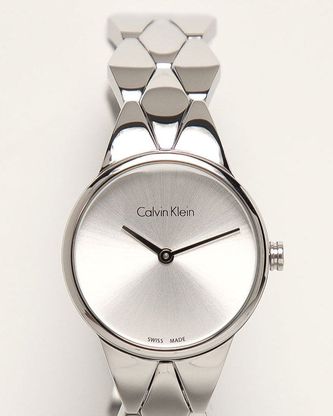  Shop Authentic Calvin Klein Snake Silver Dial Silver Steel Strap Watch For Women - K6E23146 - Luxxuri