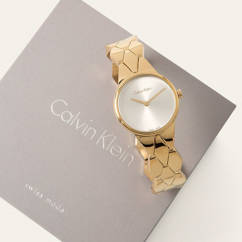  Shop Authentic Calvin Klein Snake Silver Dial Yellow Gold Steel Strap Watch For Women - K6E23546 - Luxxuri