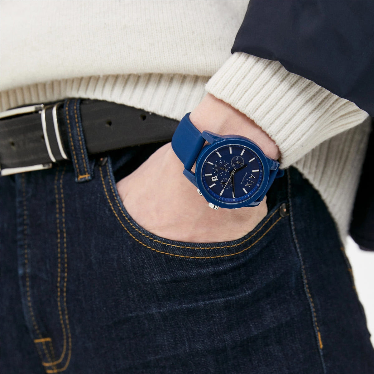  Shop Authentic Armani Exchange Outerbanks Chronograph Blue Dial Blue Silicone Strap Watch For Men - AX1327 - Luxxuri