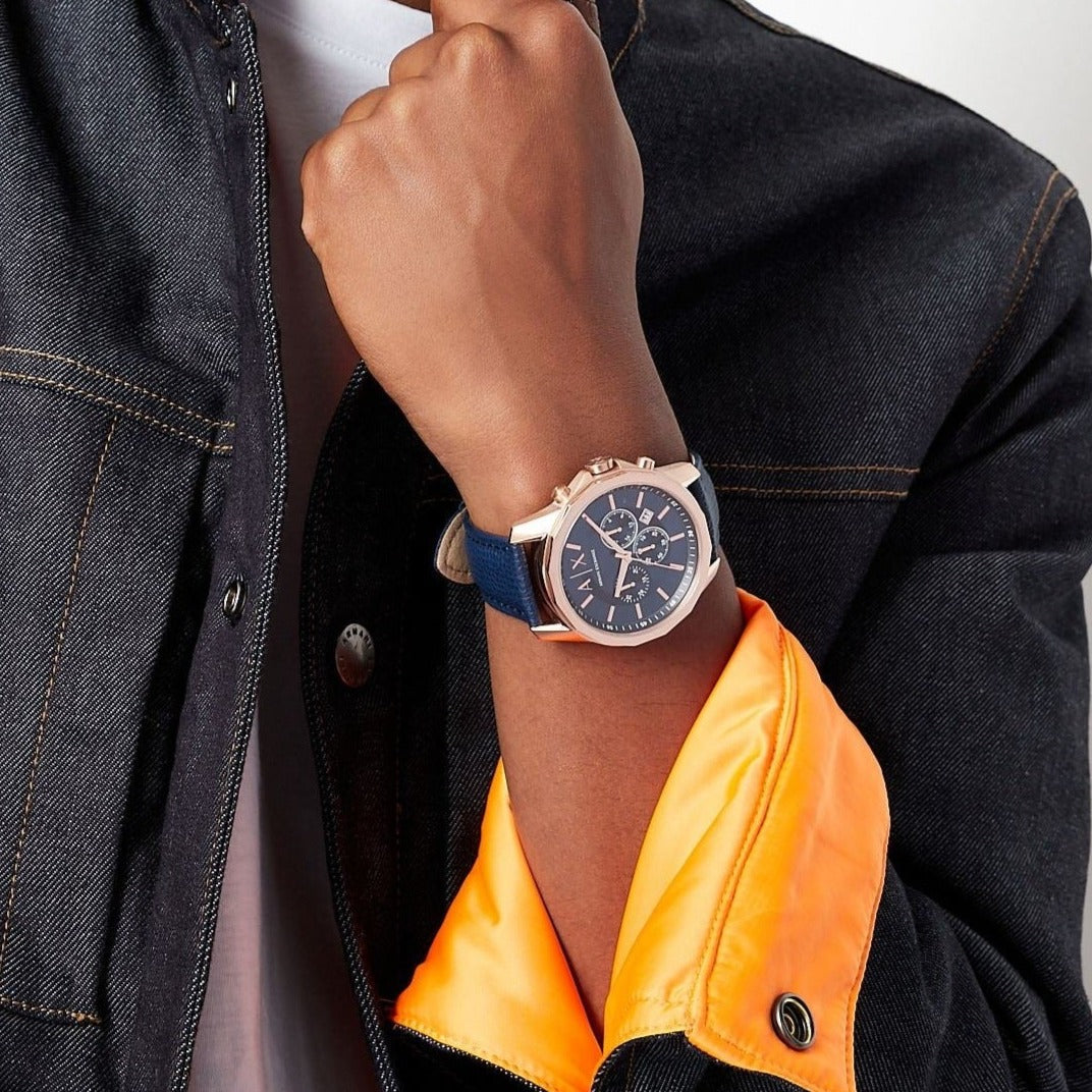  Shop Authentic Armani Exchange Banks Chronograph Blue Dial Blue Leather Strap Watch For Men - AX1723 - Luxxuri