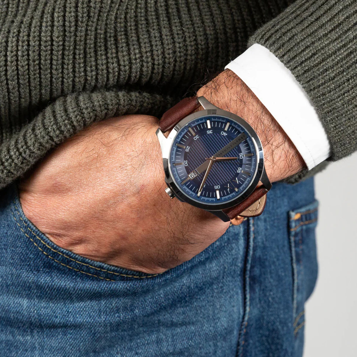  Shop Authentic Armani Exchange Hampton Chronograph Blue Dial Brown Leather Strap Watch For Men - AX2133 - Luxxuri