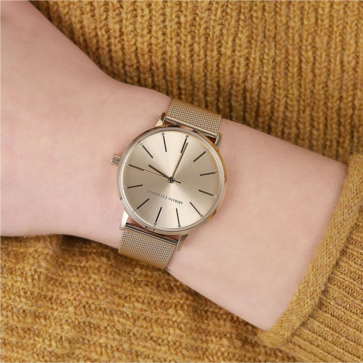  Shop Authentic Armani Exchange Lola Analog Gold Dial Gold Mesh Strap Watch For Women - AX5536 - Luxxuri