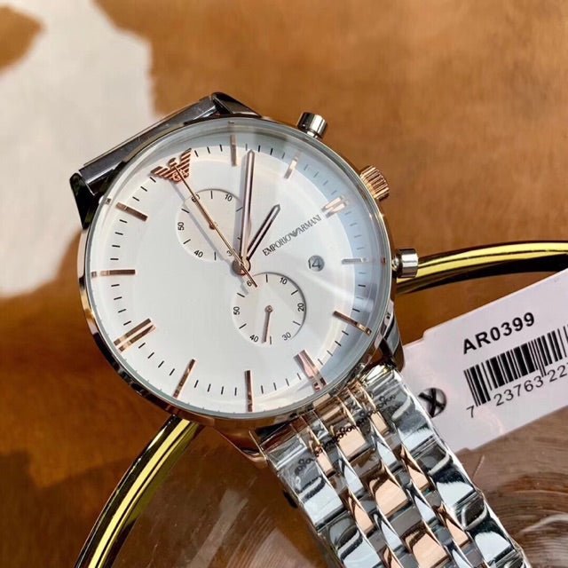  Shop Authentic Emporio Armani Chronograph White Dial Two Tone Steel Strap Watch For Men - AR0399 - Luxxuri