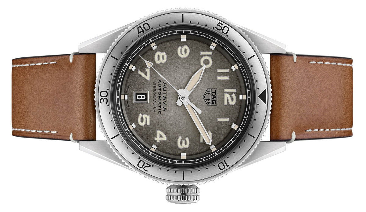  Shop Authentic Tag Heuer Autavia Isograph Grey Dial Calfskin Brown Leather Strap Watch for Men - WBE5111.FC8267 - Luxxuri
