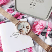  Shop Authentic Fossil Jacqueline Three-Hand White Dial Rose Gold Mesh Bracelet Watch for Women - ES4534 - Luxxuri