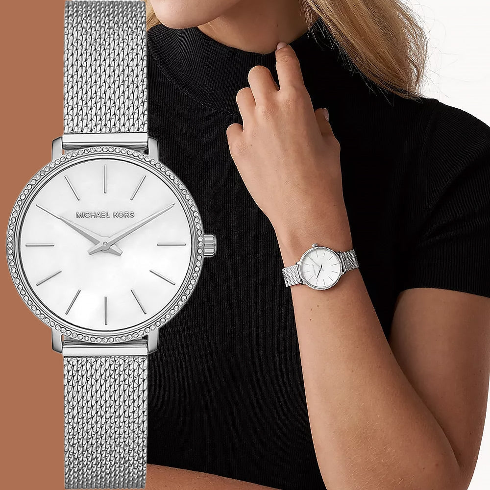  Shop Authentic Michael Kors Pyper Quartz Mother of Pearl White Dial Silver Mesh Strap Watch For Women - MK4618 - Luxxuri