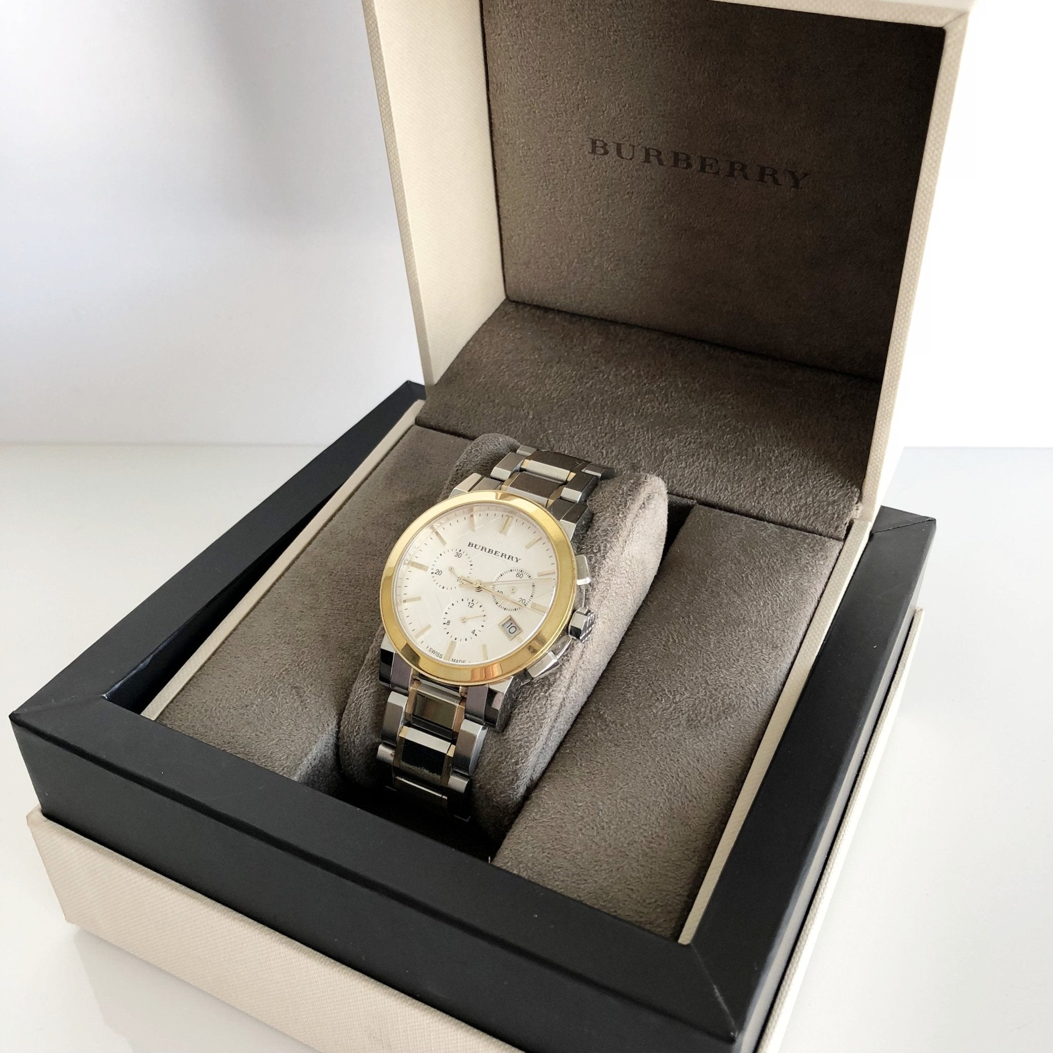  Shop Authentic Burberry The City White Dial Two Tone Steel Strap Watch for Men - BU9751 - Luxxuri