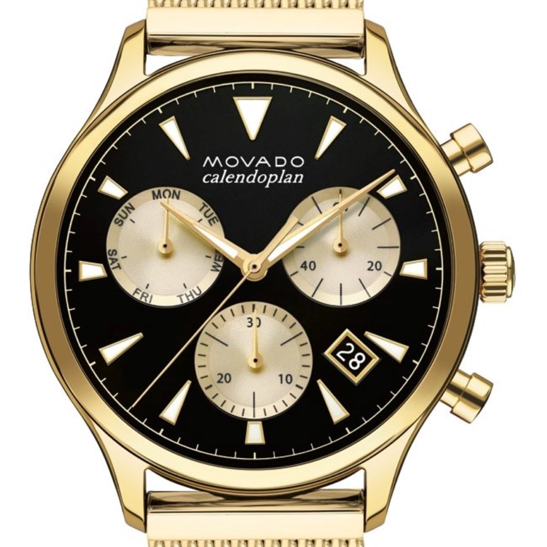  Shop Authentic Movado Heritage Calendoplan Chronograph Black Dial Gold Mesh Strap Watch for Men - 3650098 - Luxxuri