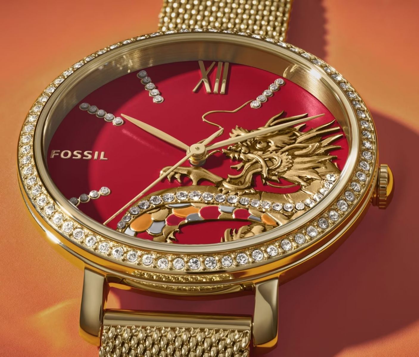 Shop Authentic Fossil Jacqueline Dragonsteel Limited Edition Red Dial Gold Mesh Strap Watch for Women - ES5316 - Luxxuri