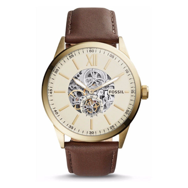  Shop Authentic Fossil Flynn Mechanical Skeleton Beige Dial Brown Leather Strap Watch for Men - BQ2215 - Luxxuri