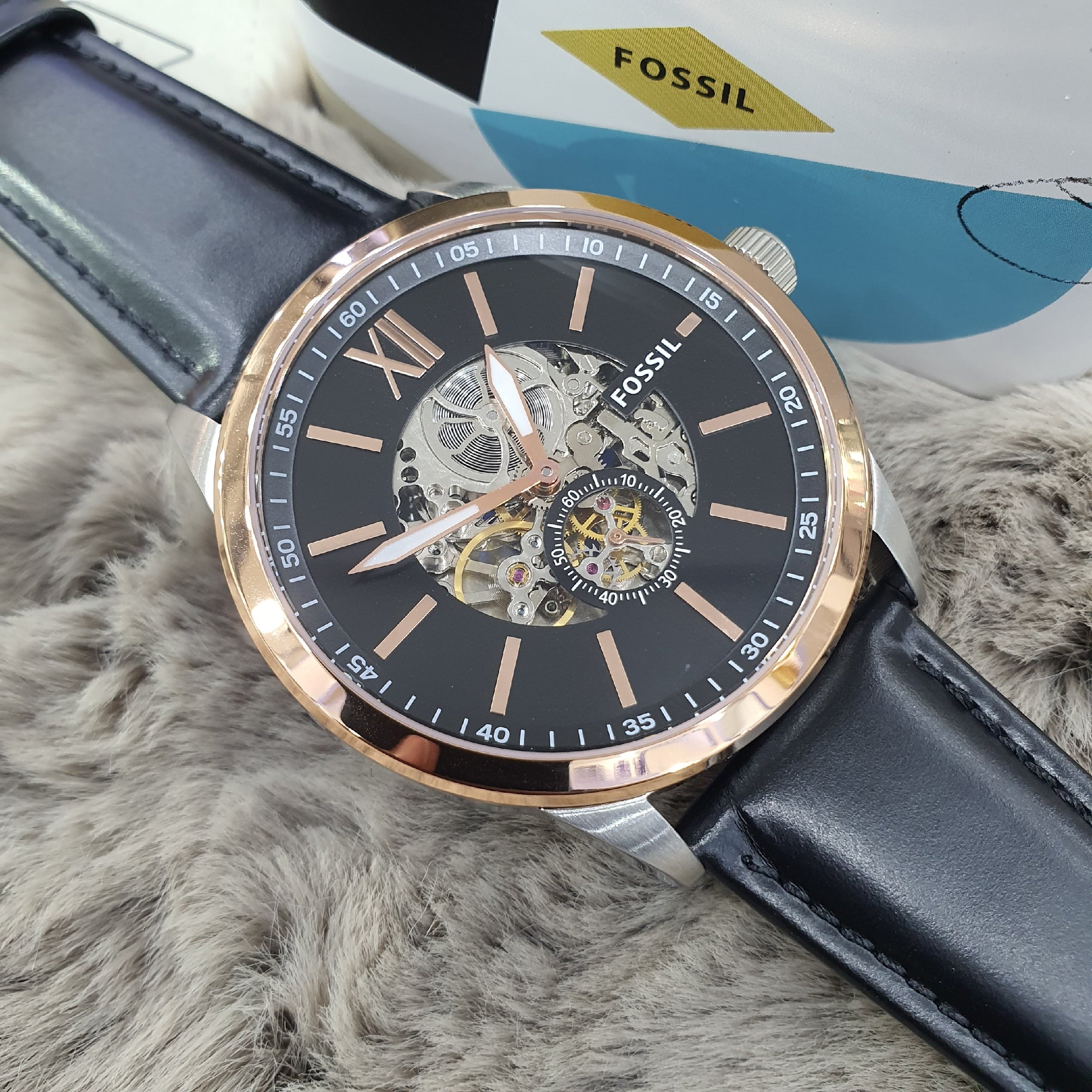  Shop Authentic Fossil Flynn Mechanical Black Dial Black Leather Strap Watch for Men - BQ2216 - Luxxuri
