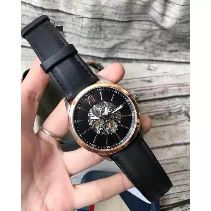  Shop Authentic Fossil Flynn Mechanical Black Dial Black Leather Strap Watch for Men - BQ2216 - Luxxuri