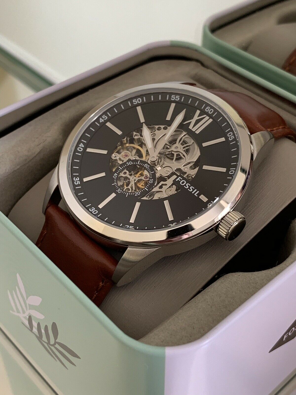  Shop Authentic Fossil Flynn Automatic Black Dial Brown Leather Strap Watch for Men - BQ2270 - Luxxuri