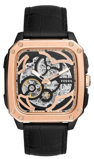  Shop Authentic Fossil Inscription Automatic Skeleton Rose Gold Dial Black Leather Strap Watch for Men - BQ2572 - Luxxuri