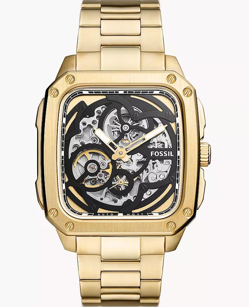 Shop Authentic Fossil Inscription Automatic Skeleton Black Dial Gold Steel Strap Watch for Men - BQ2573 - Luxxuri