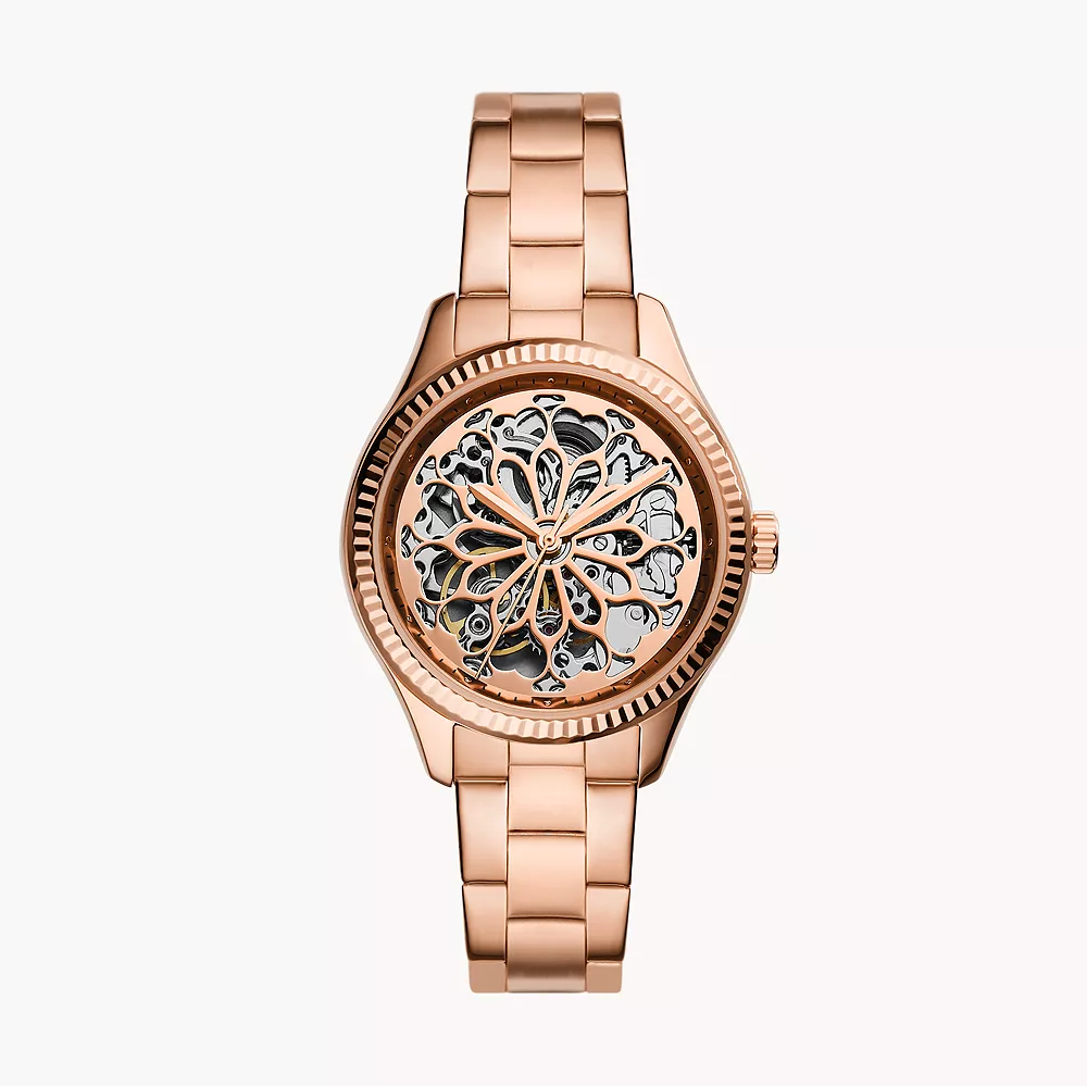  Shop Authentic Fossil Rye Automatic Skeleton Rose Gold Dial Rose Gold Steel Strap Watch for Women - BQ3754 - Luxxuri