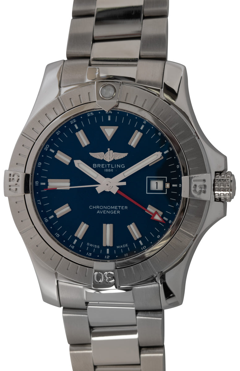  Shop Authentic Breitling Avenger Automatic GMT 45 Blue Dial Silver Steel Strap Watch for Men - A32395101C1A1 - Luxxuri