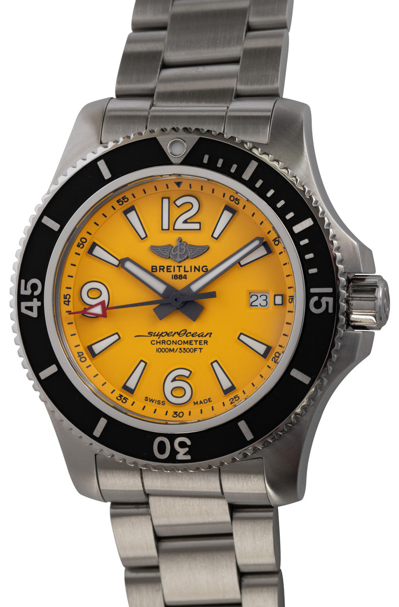  Shop Authentic Breitling Superocean II Automatic 44mm Yellow Dial Silver Steel Strap Watch for Men - A17367021I1A1 - Luxxuri