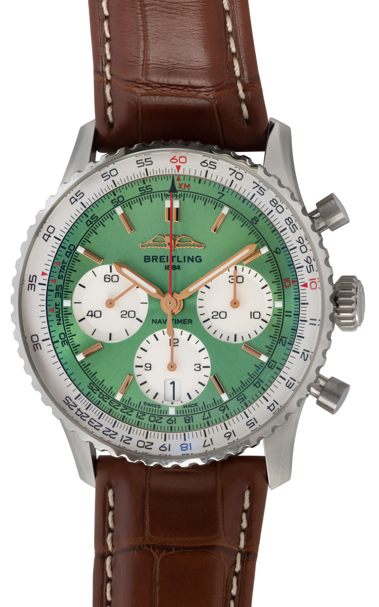  Shop Authentic Breitling Navitimer B01 Chronograph 41 Green Dial Brown Leather Strap Watch for Men - AB0139211L1P1 - Luxxuri