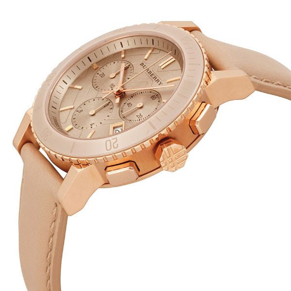 Shop Authentic Burberry Chronograph Rose Gold Dial Beige Leather Strap Watch for Women - BU9704 - Luxxuri