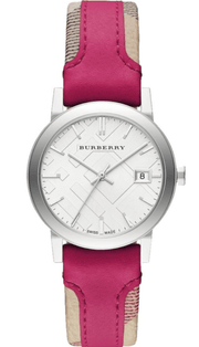  Shop Authentic Burberry The City White Dial Haymarket Pink Leather Strap Watch for Women - BU9149 - Luxxuri