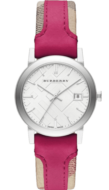  Shop Authentic Burberry The City White Dial Haymarket Pink Leather Strap Watch for Women - BU9149 - Luxxuri