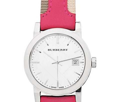  Shop Authentic Burberry The City White Dial Haymarket Pink Leather Strap Watch for Women - BU9149 - Luxxuri