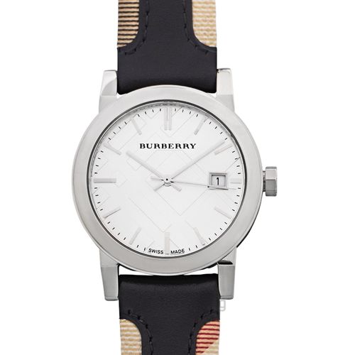  Shop Authentic Burberry The City White Dial Black Haymarket Leather Strap Watch for Women - BU9150 - Luxxuri