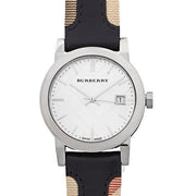  Shop Authentic Burberry The City White Dial Black Haymarket Leather Strap Watch for Women - BU9150 - Luxxuri