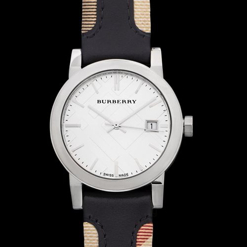  Shop Authentic Burberry The City White Dial Black Haymarket Leather Strap Watch for Women - BU9150 - Luxxuri