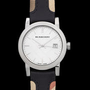  Shop Authentic Burberry The City White Dial Black Haymarket Leather Strap Watch for Women - BU9150 - Luxxuri