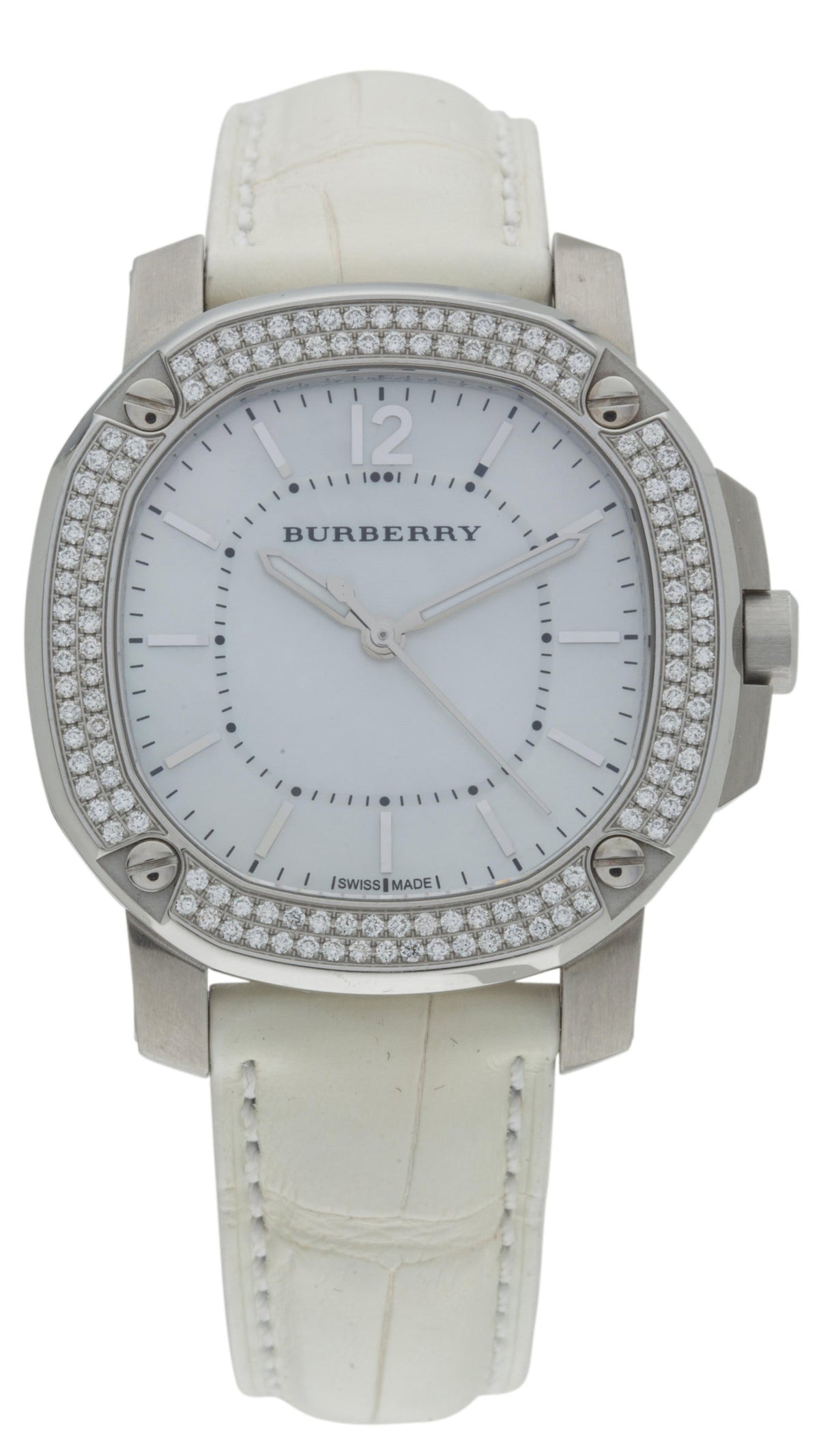  Shop Authentic Burberry The Britain Diamonds Mother of Pearl Dial White Leather Strap Watch for Women - BBY1800 - Luxxuri