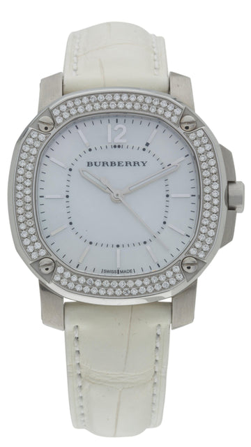  Shop Authentic Burberry The Britain Diamonds Mother of Pearl Dial White Leather Strap Watch for Women - BBY1800 - Luxxuri