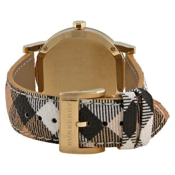  Shop Authentic Burberry The City Gold Dial Haymarket Brown Leather Strap Watch for Women - BU9219 - Luxxuri