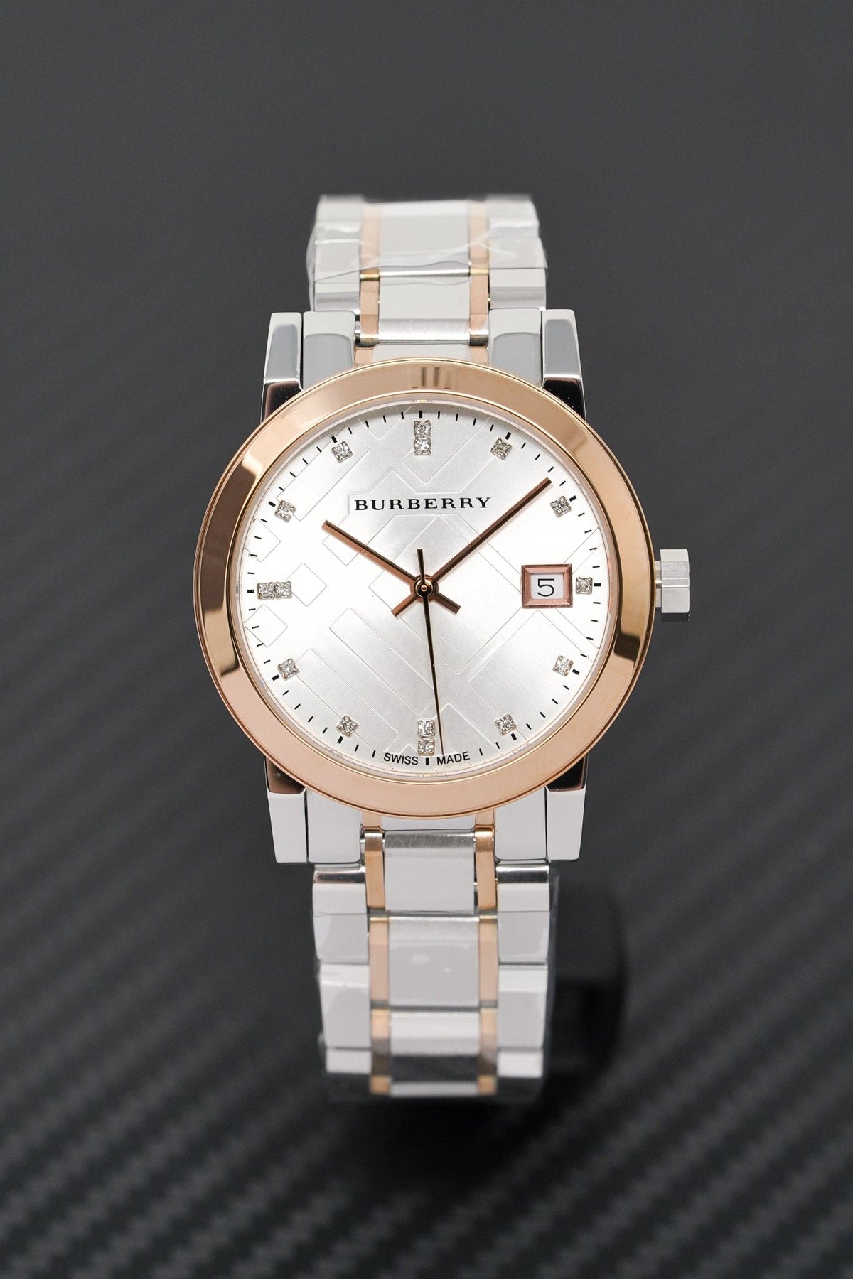  Shop Authentic Burberry The City Diamonds White Dial Two Tone Steel Strap Watch for Women - BU9127 - Luxxuri