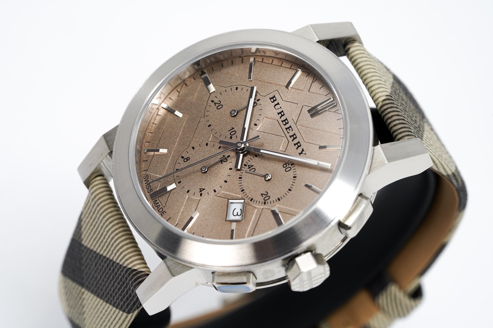  Shop Authentic Burberry The City Smoke Dial Checked Brown Leather Strap Watch for Men - BU9358 - Luxxuri