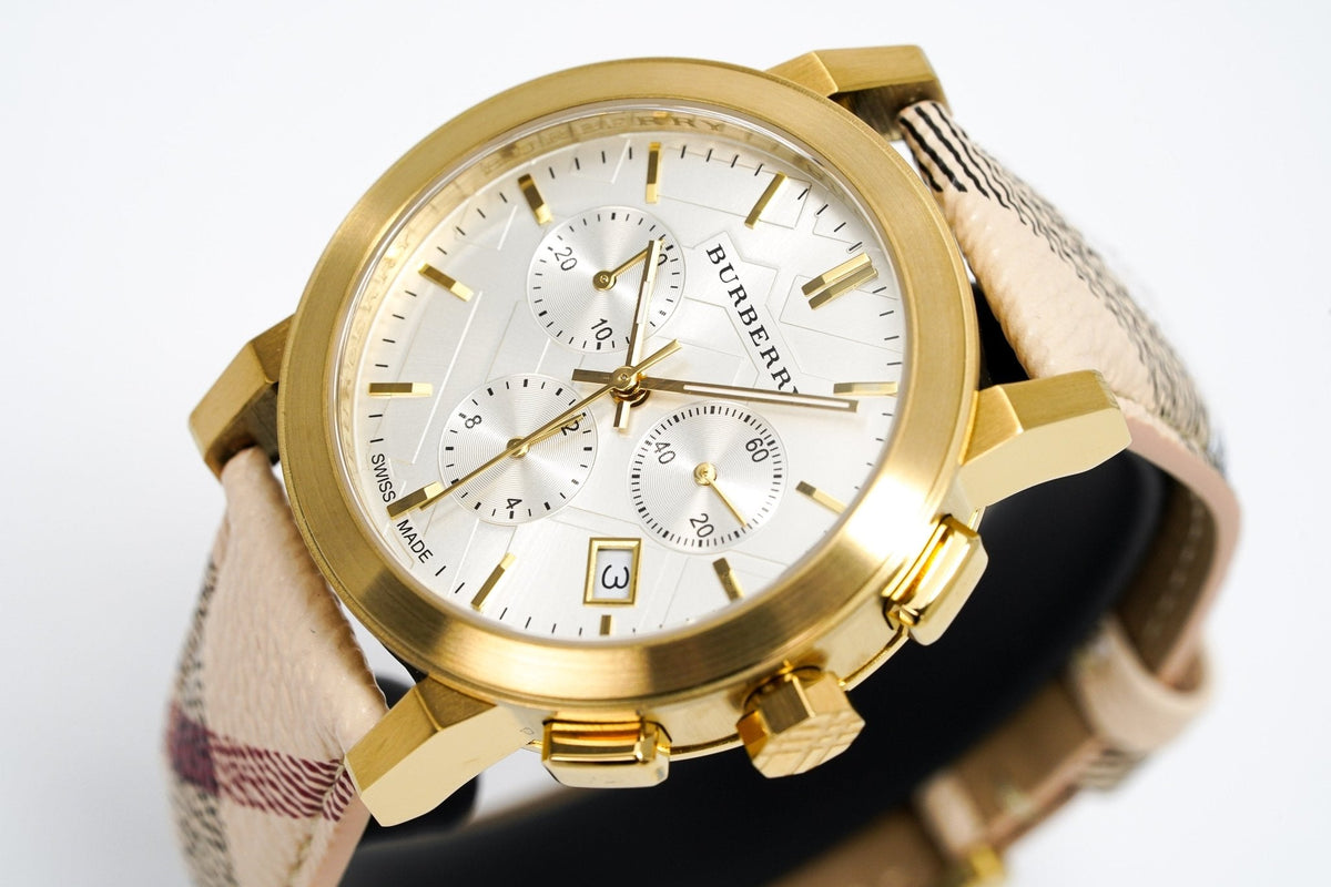  Shop Authentic Burberry The City White Dial Haymarket Beige Leather Strap Watch for Women - BU9752 - Luxxuri