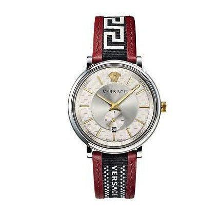  Shop Authentic Versace V Circle Silver Dial Two Tone Leather Strap Watch for Men - VEBQ01319 - Luxxuri