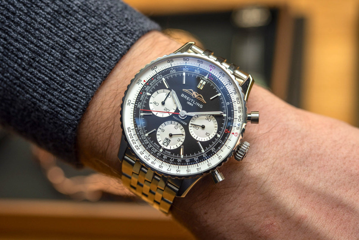  Shop Authentic Breitling Navitimer B01 Chronograph 43 Black Dial Silver Steel Strap Watch for Men - AB0138211B1A1 - Luxxuri