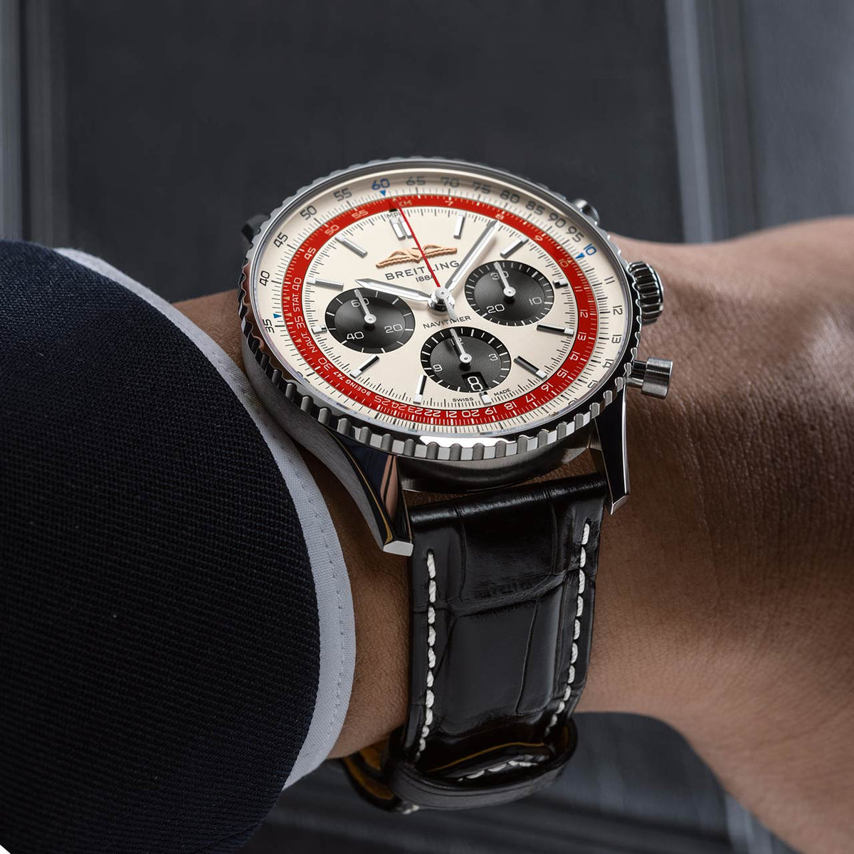  Shop Authentic Breitling Navitimer B01 Chronograph 43 Boeing 747 White Dial Black Leather Strap Watch for Men - AB01383B1G1P1 - Luxxuri
