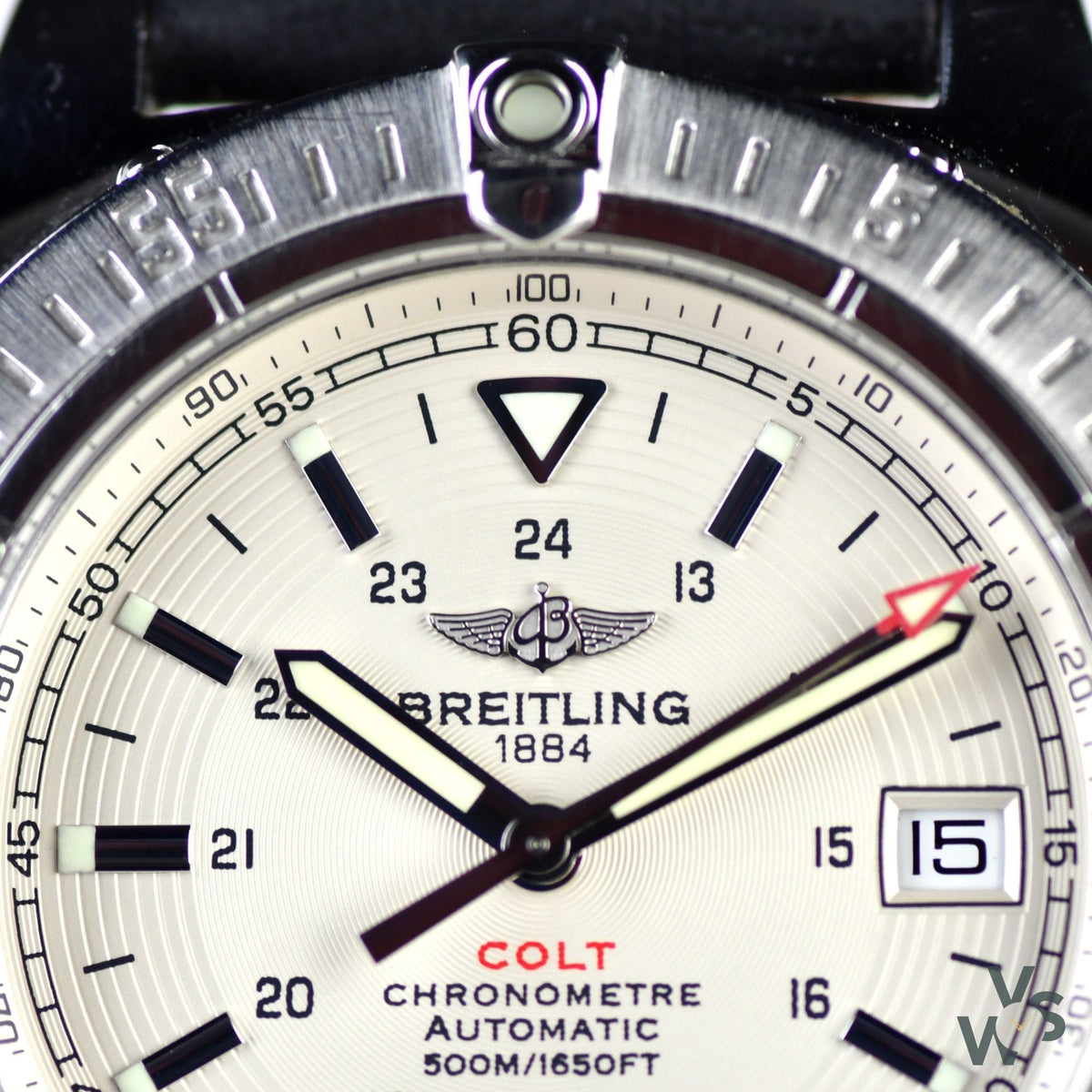  Shop Authentic Breitling Colt 44mm Automatic Silver Dial Black Leather Mens Watch - A1731311/G820/428X - Luxxuri
