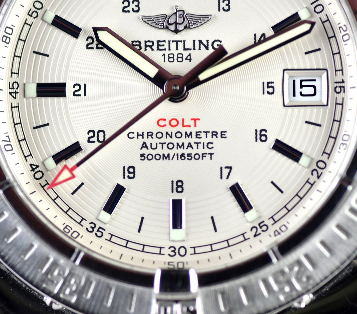 Shop Authentic Breitling Colt 44mm Automatic Silver Dial Black Leather Mens Watch - A1731311/G820/428X - Luxxuri