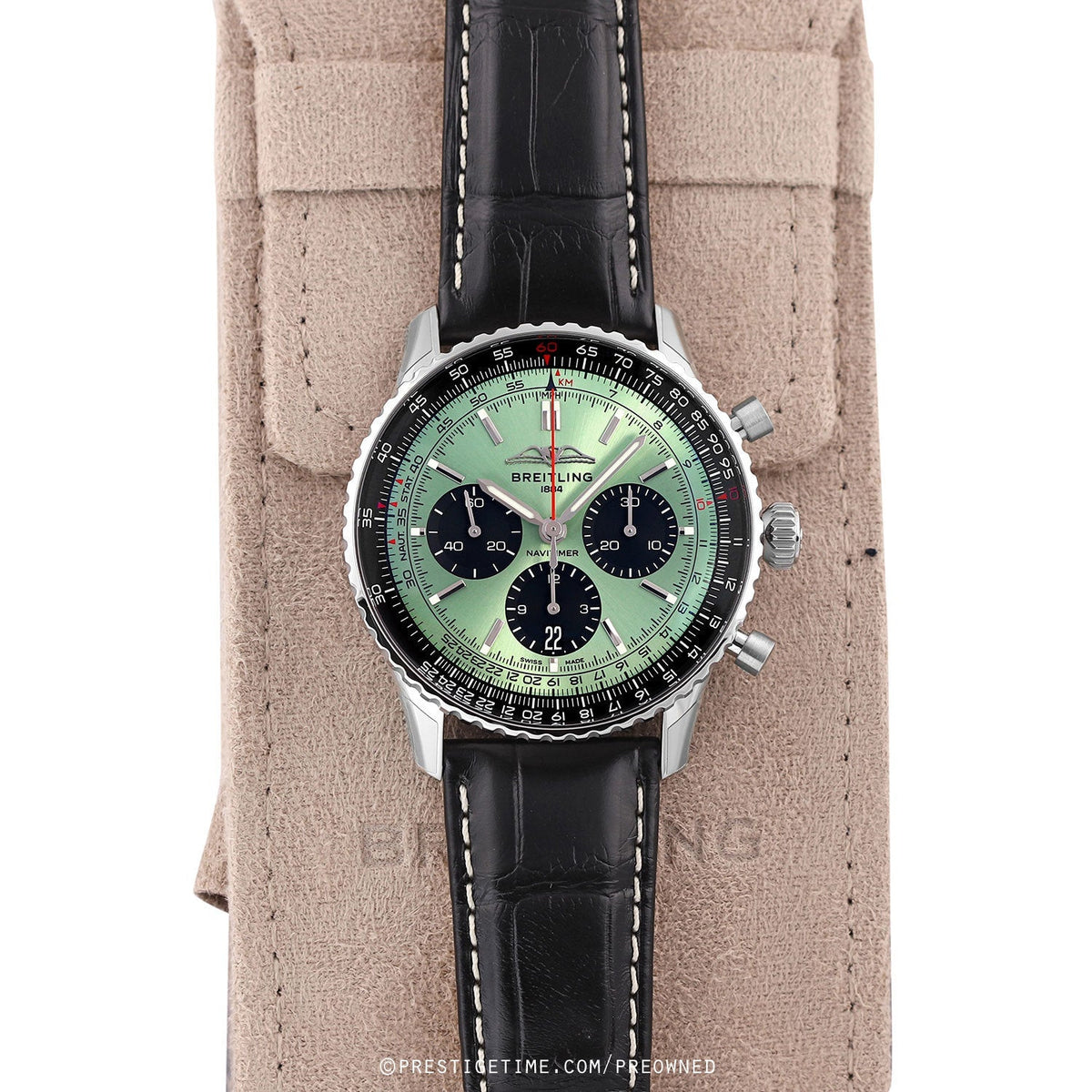  Shop Authentic Breitling Navitimer B01 Chronograph 43 Green Dial Black Leather Strap Watch for Men - AB0138241L1P1 - Luxxuri