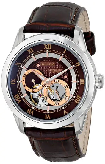  Shop Authentic Bulova Classic Skeleton Automatic Brown Dial Brown Leather Strap Watch for Men - 96A120 - Luxxuri