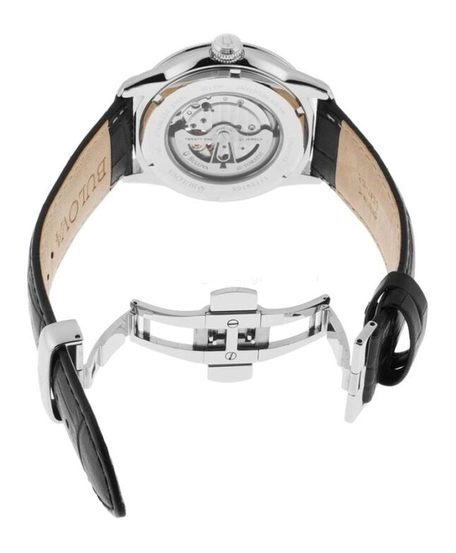  Shop Authentic Bulova BVA Classic Automatic Silver Dial Black Leather Strap Watch for Men - 96A135 - Luxxuri