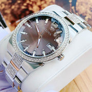  Shop Authentic Bulova Crystal Collection Brown Dial Silver Steel Strap Watch for Men - 96B221 - Luxxuri
