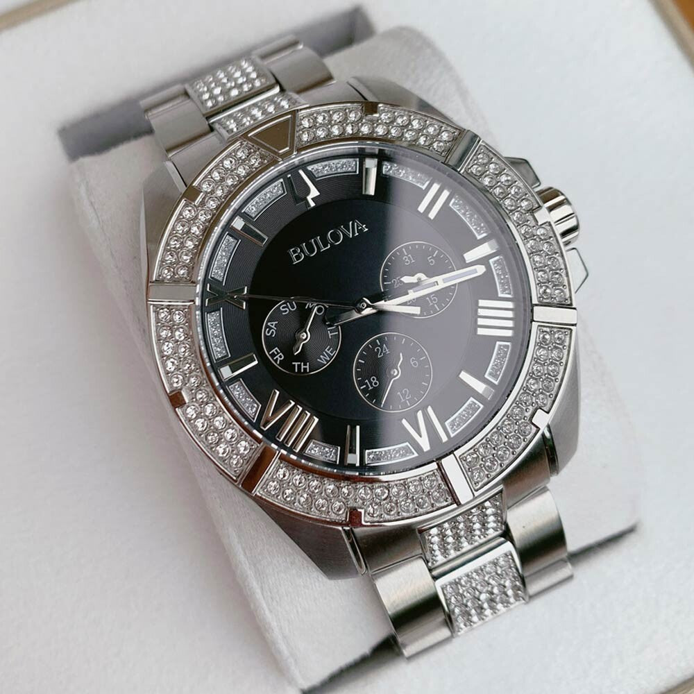  Shop Authentic Bulova Crystal Collection Chronograph Black Dial Two Tone Steel Strap Watch for Men - 96C126 - Luxxuri