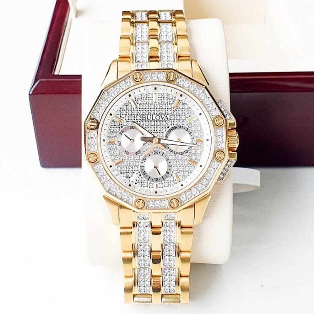  Shop Authentic Bulova Crystal Collection Octova White Dial Gold Steel Strap Watch for Men - 98C126 - Luxxuri